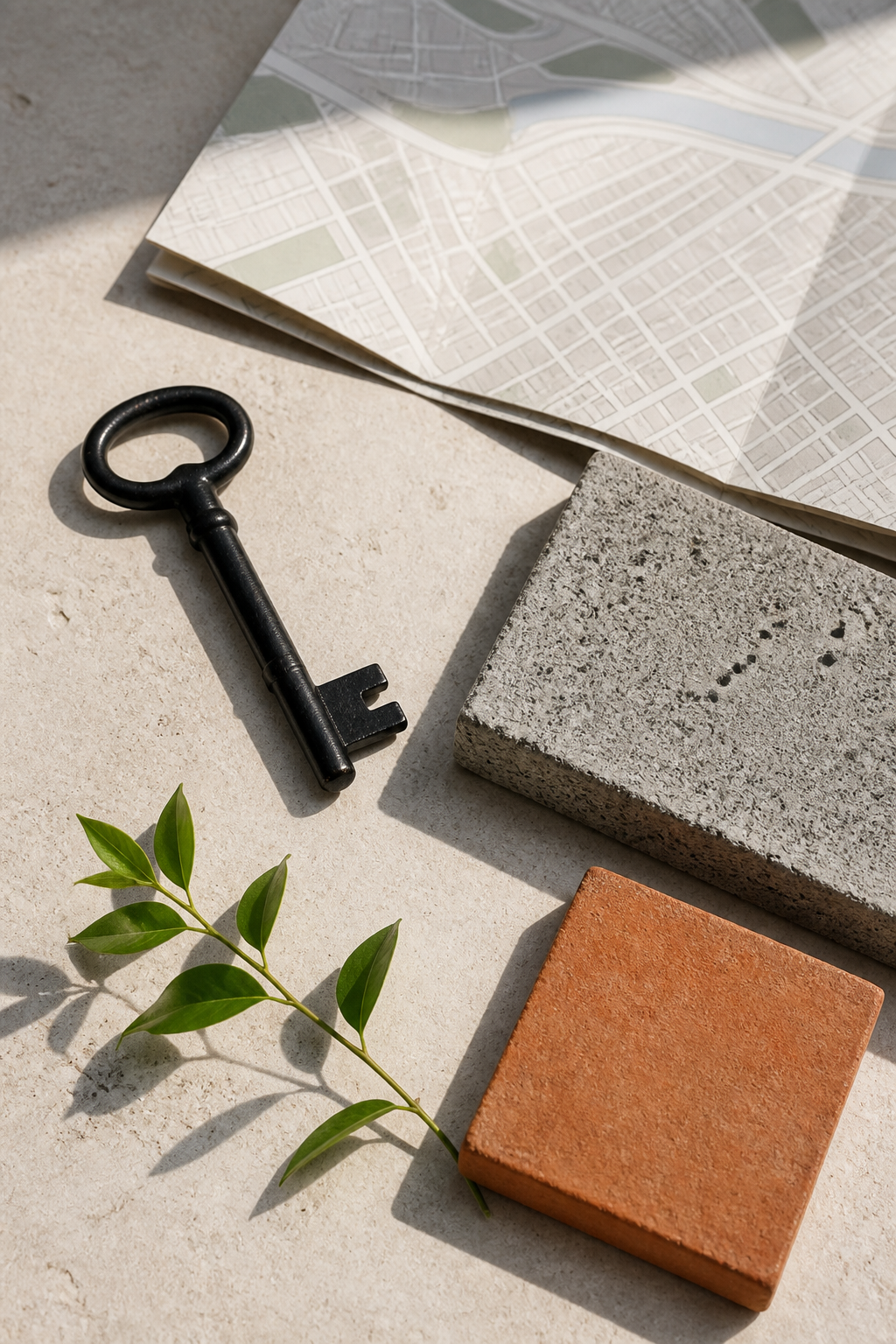 Key, city map and building material samples on a stone table