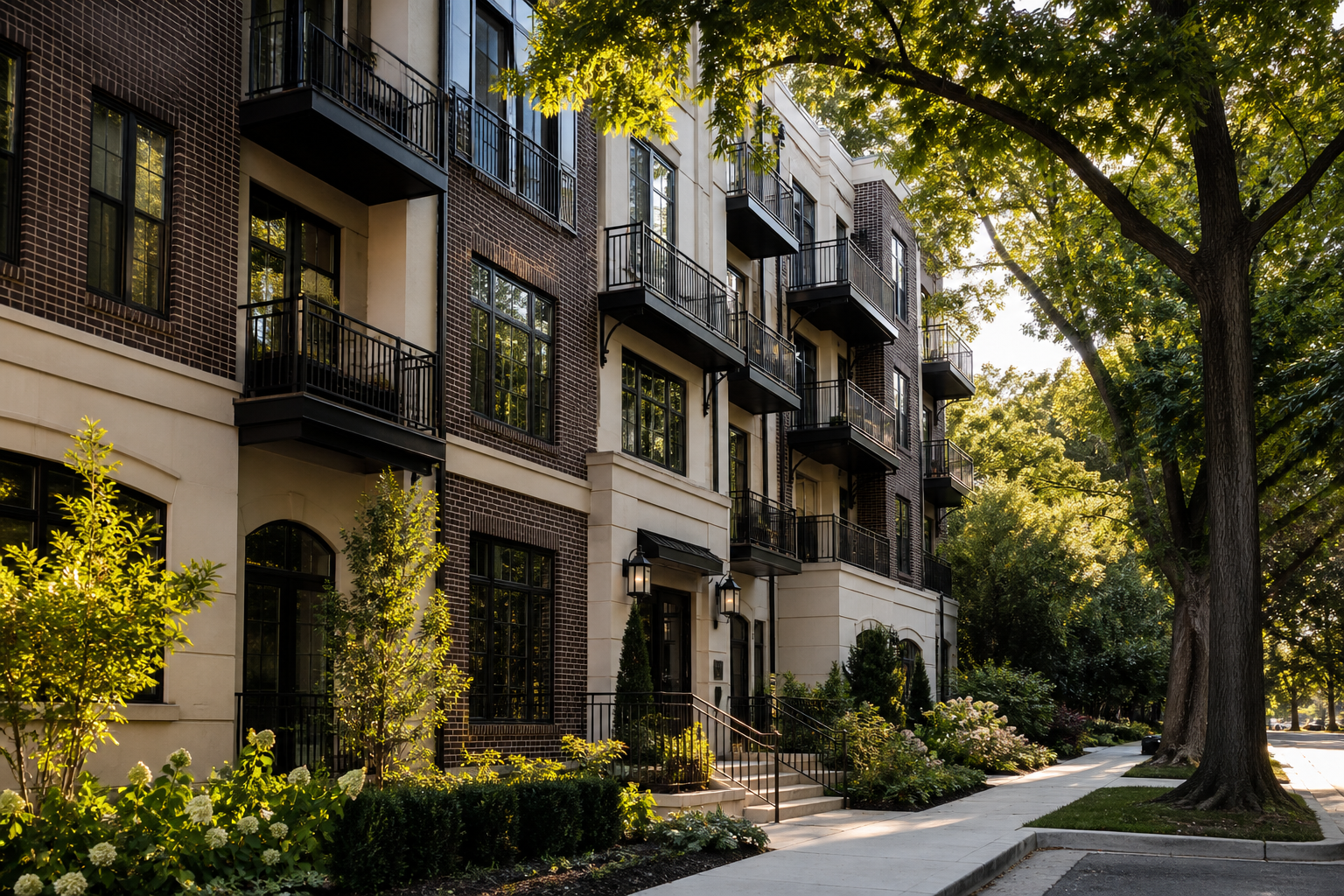 A brick and stucco urban residential building with balconies